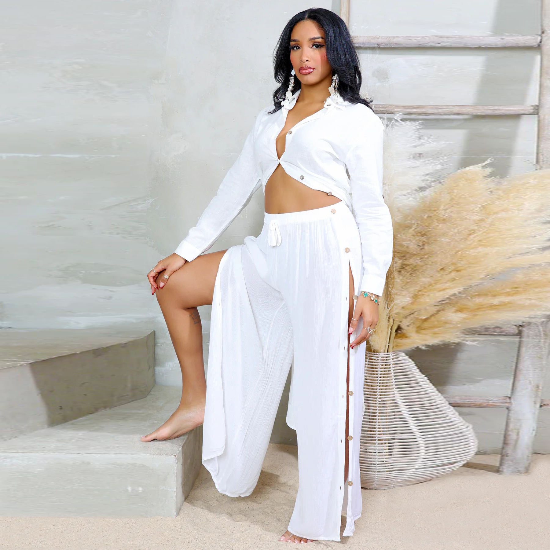 Women Solid Long Sleeve Top and Slit Skirt 2-piece set 5