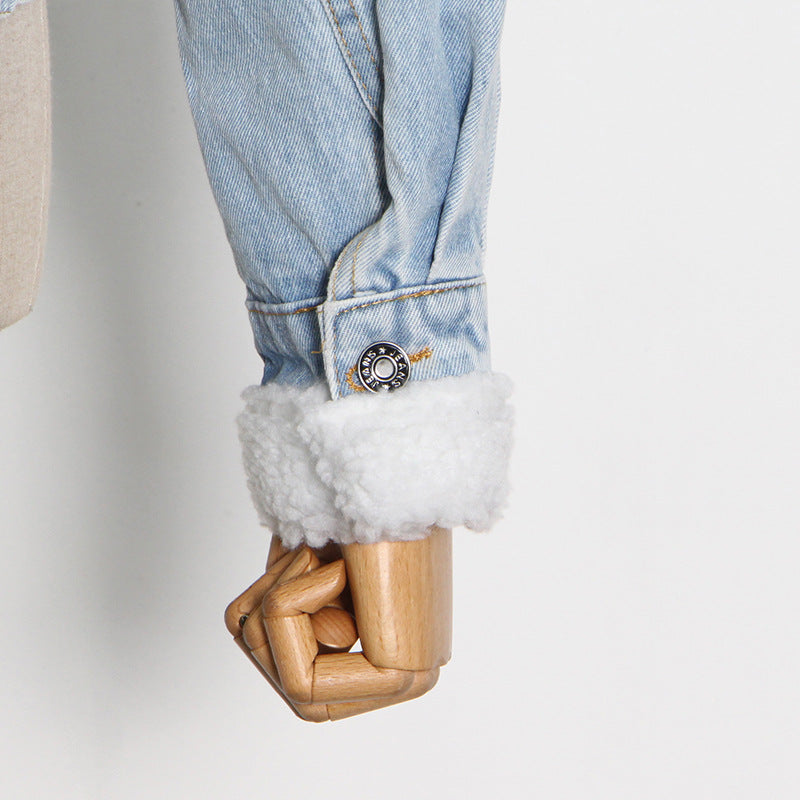 Women Denim Lamb Wool Autumn and Winter Patchwork Style Single Breasted Crop Jacket 17