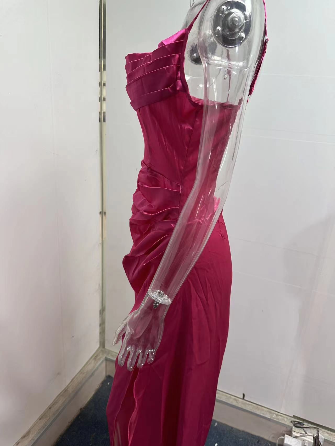 Spring Strapless Gathered Slit Satin Dress Sexy Slim Bodycon Dress 21