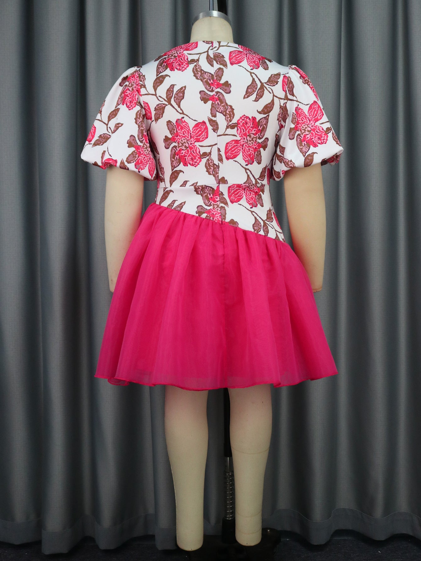 Spring Career V-neck lantern sleeve Mesh Patchowrk Printed A-line Swing dress 4