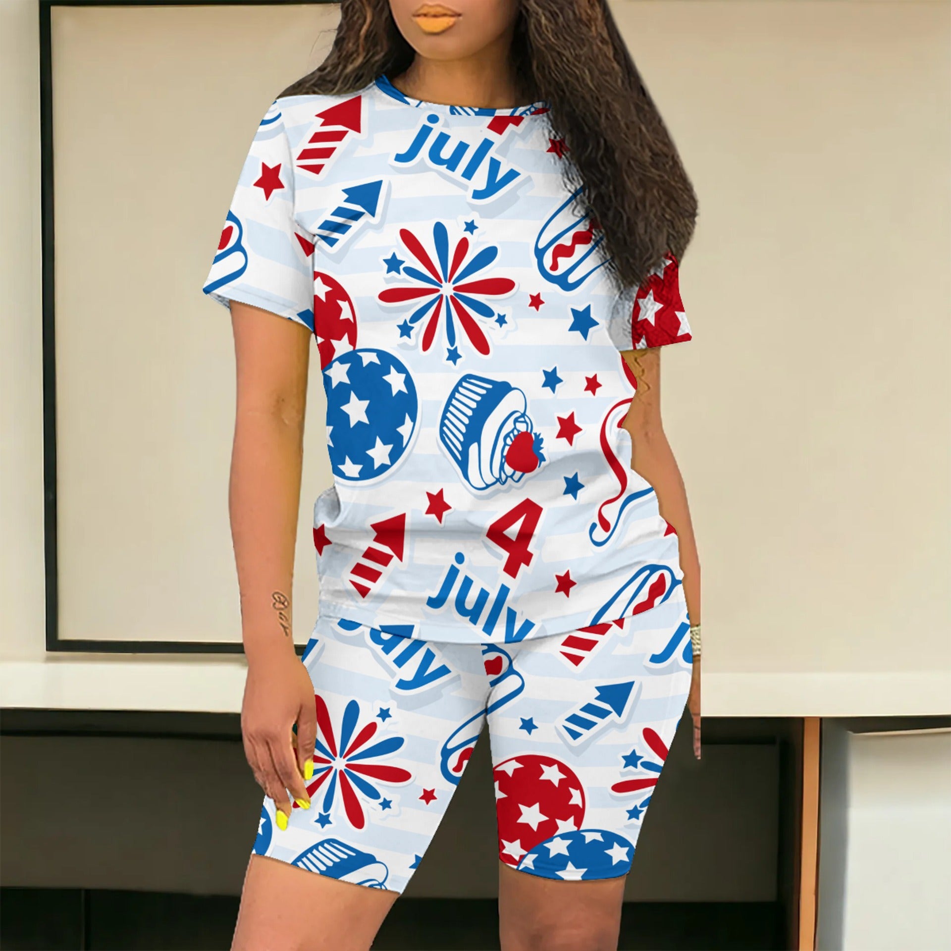 American Flag Print Fashion Casual Women's Short Sleeve T-Shirt Shorts Two Piece Set
