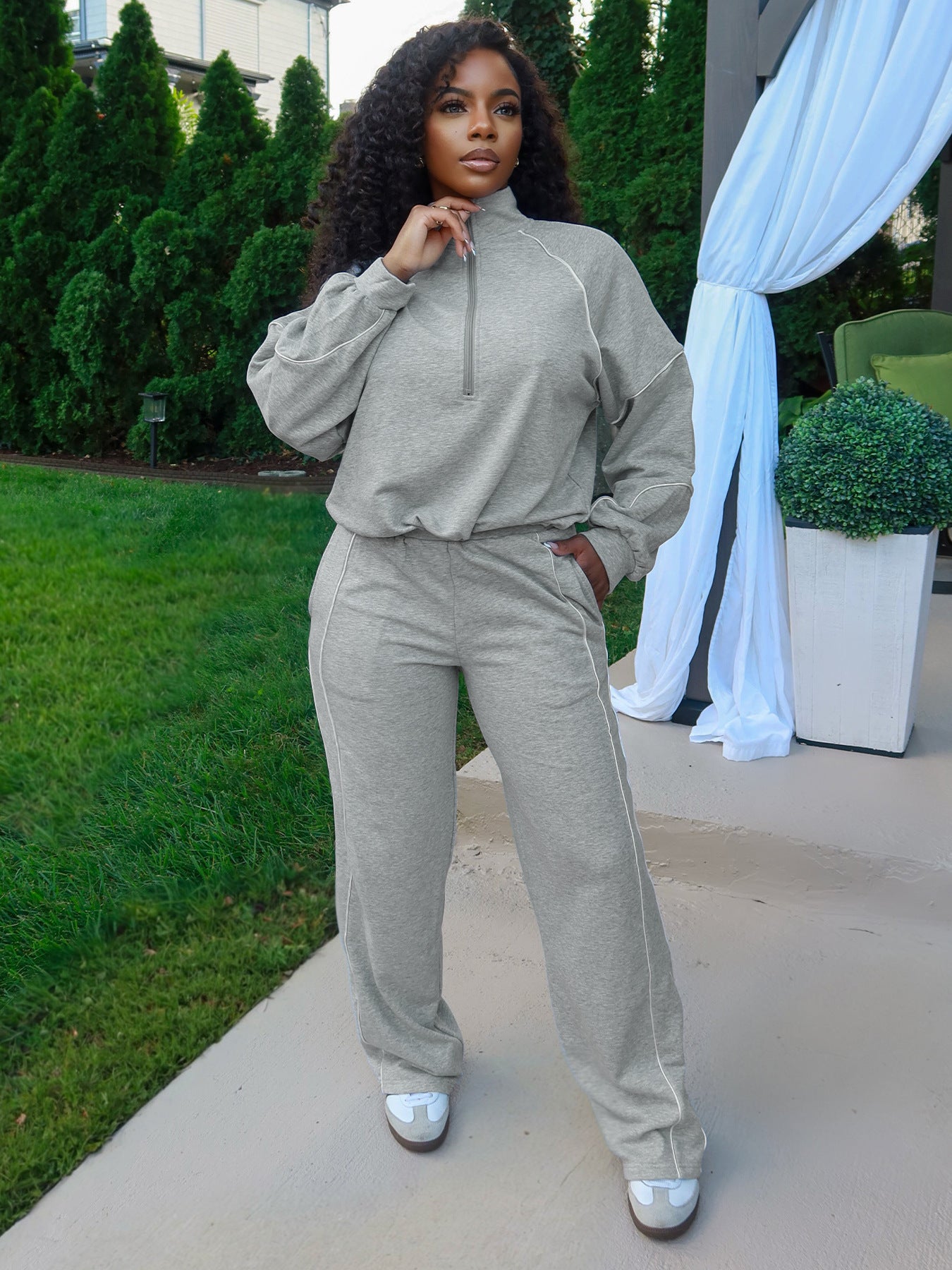 Fashion Women's Buckle Slim Waist Striped Zipper Top Straight Leg Sport Pants Two-Piece Set 3