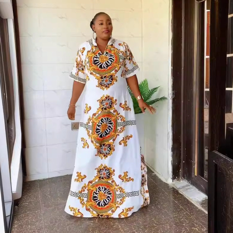 African Printed Hooded Short-Sleeved Split Loose Long Dress 3