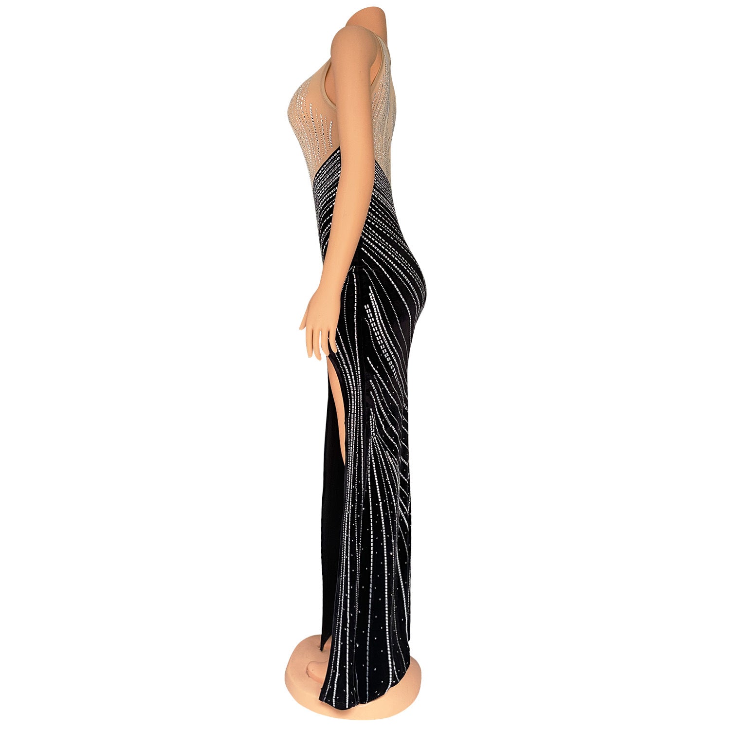 Spring Velvet Patchwork Mesh Beaded Sleeveless Nightclub Long Dress 16