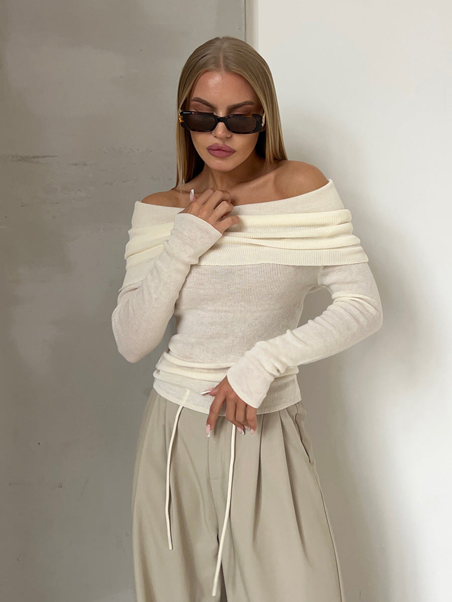 Autumn And Winter Sexy Slim Fit Off Shoulder Long Sleeve Basic Knitting Shirt For Women 11