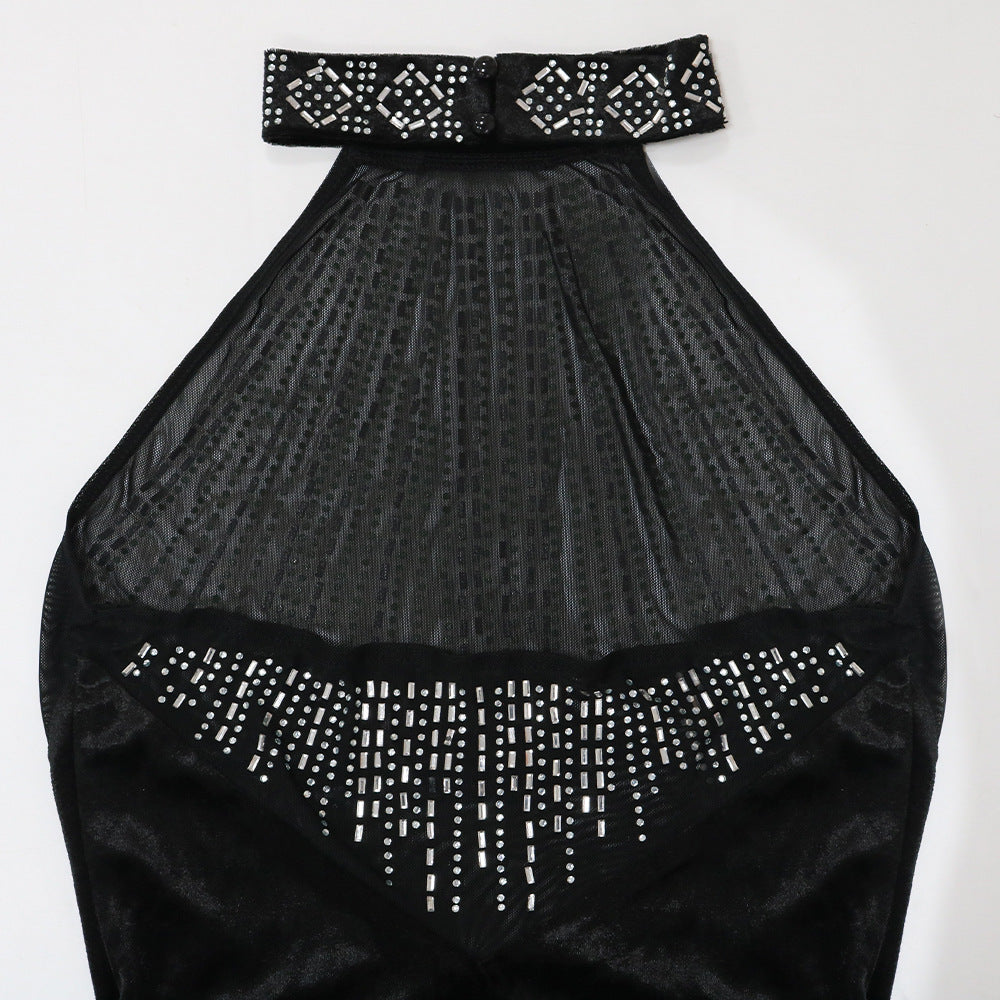 Women See-Through Mesh Beaded Patchwork Velvet Halter Neck Bodycon Dress 8