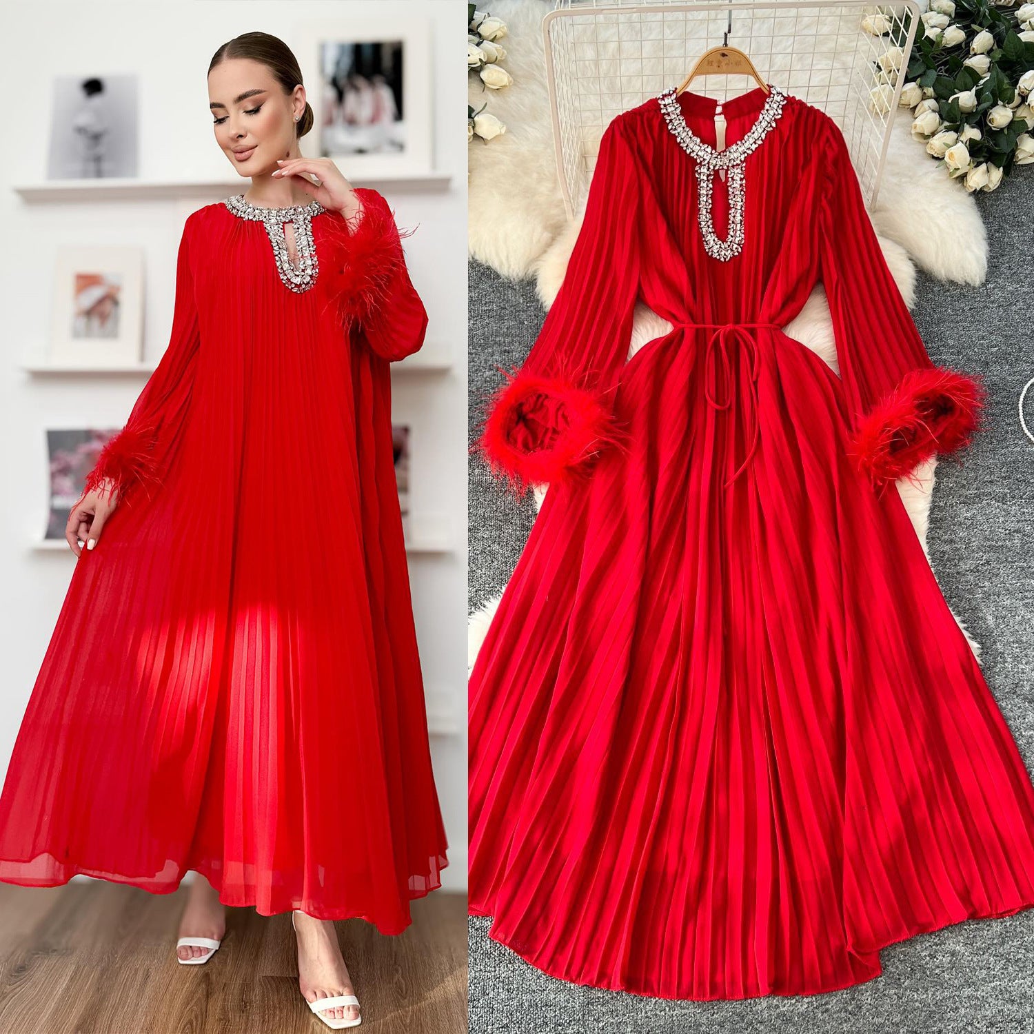 Women Round Neck Diamond Furry Patchwork Pleated Elegant Solid Dress 9