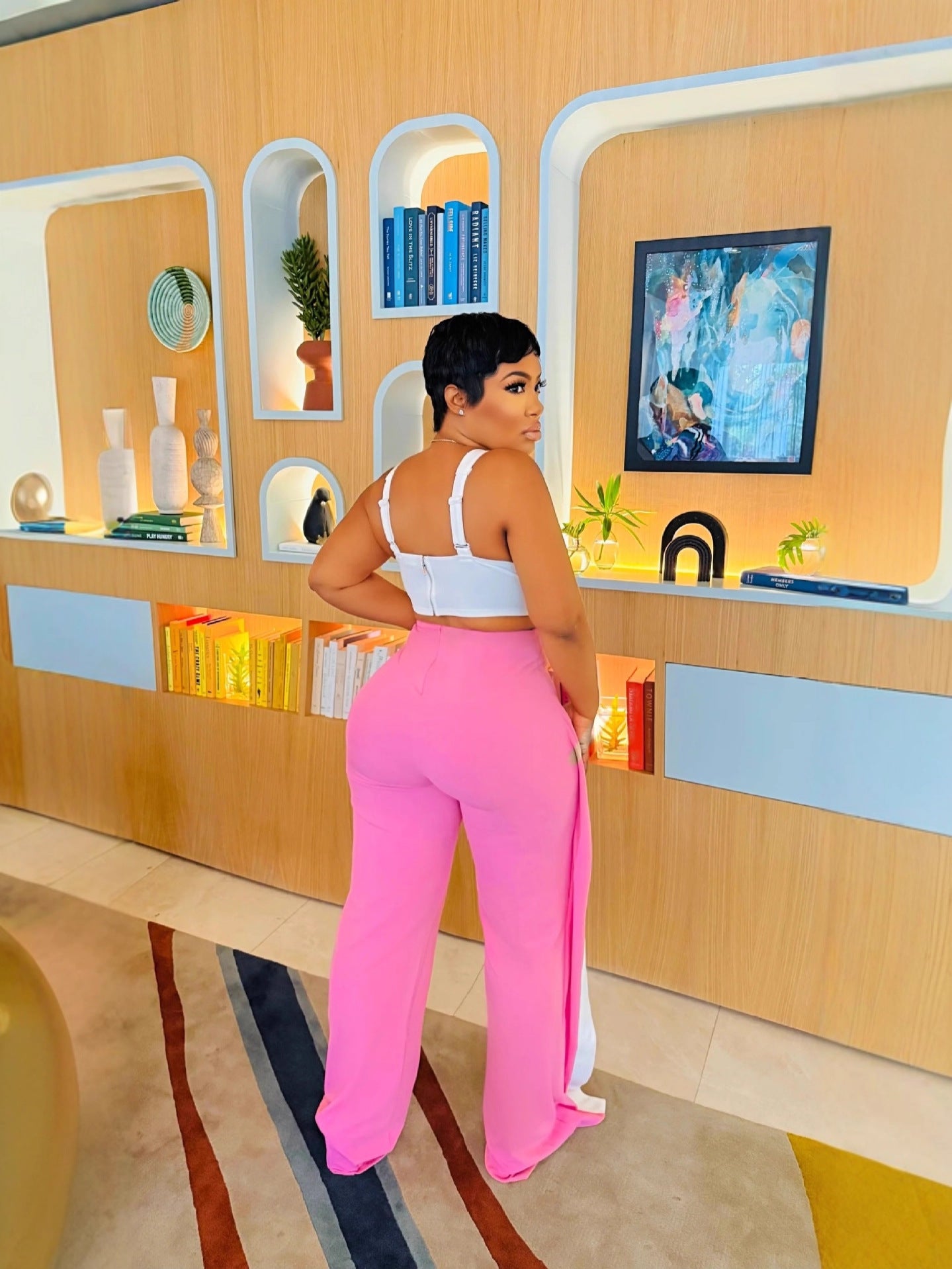 Women's Fashion Color-Block Low-Cut V-Neck Sexy Wide-Leg Jumpsuit 4