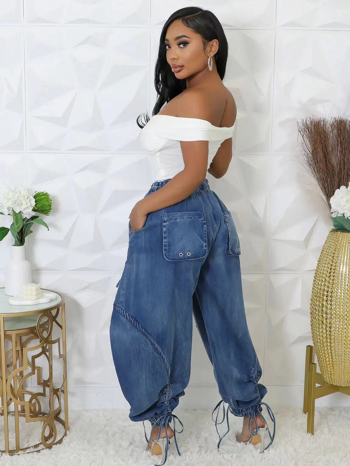 Elastic Waist Drawstring Tie Bow Women Casual Loose Straight Denim Pants 5