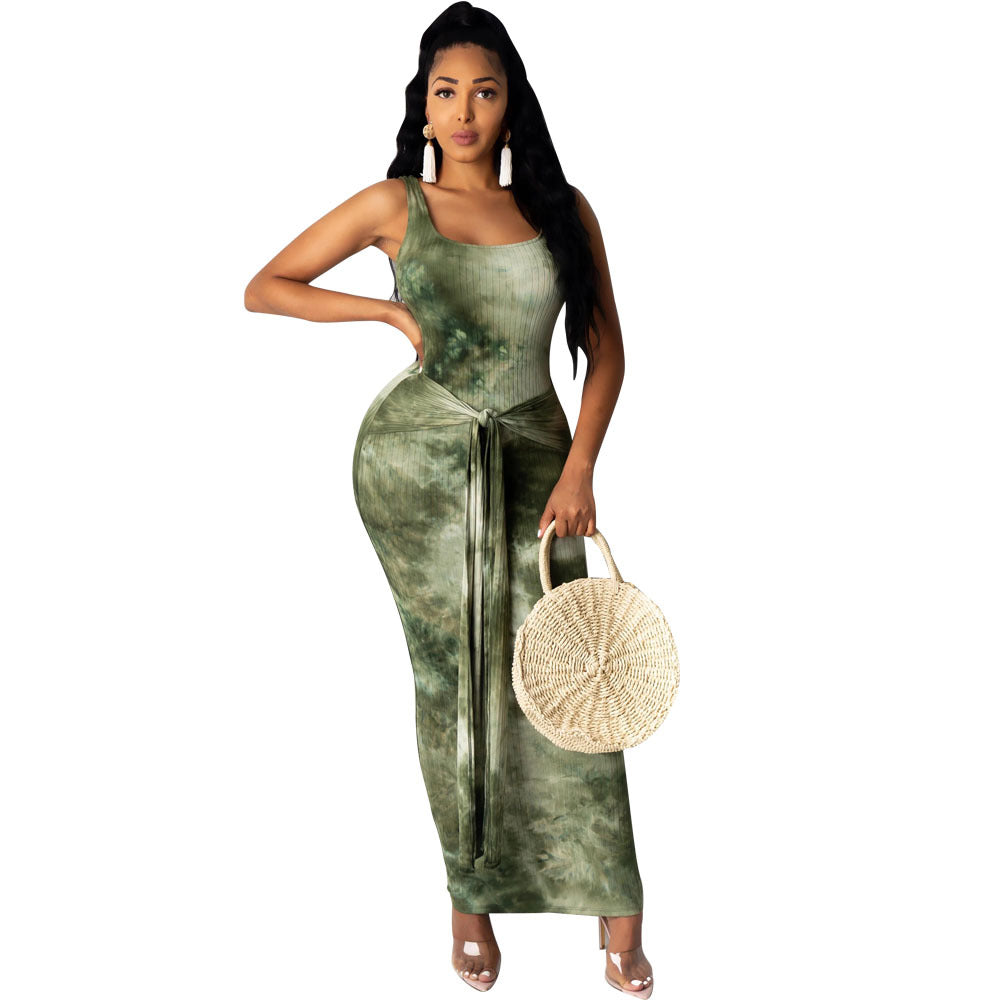 Women Ribbed Tie Dye Printed U Neck Lace-Up Dress 7