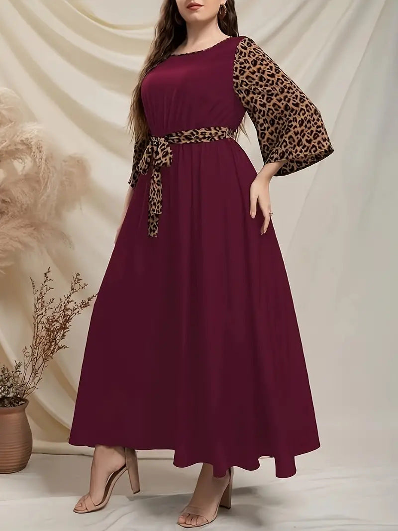 Plus Size Women Leopard Patchwork Bell Bottom Sleeve Slim Waist Long Dress 4