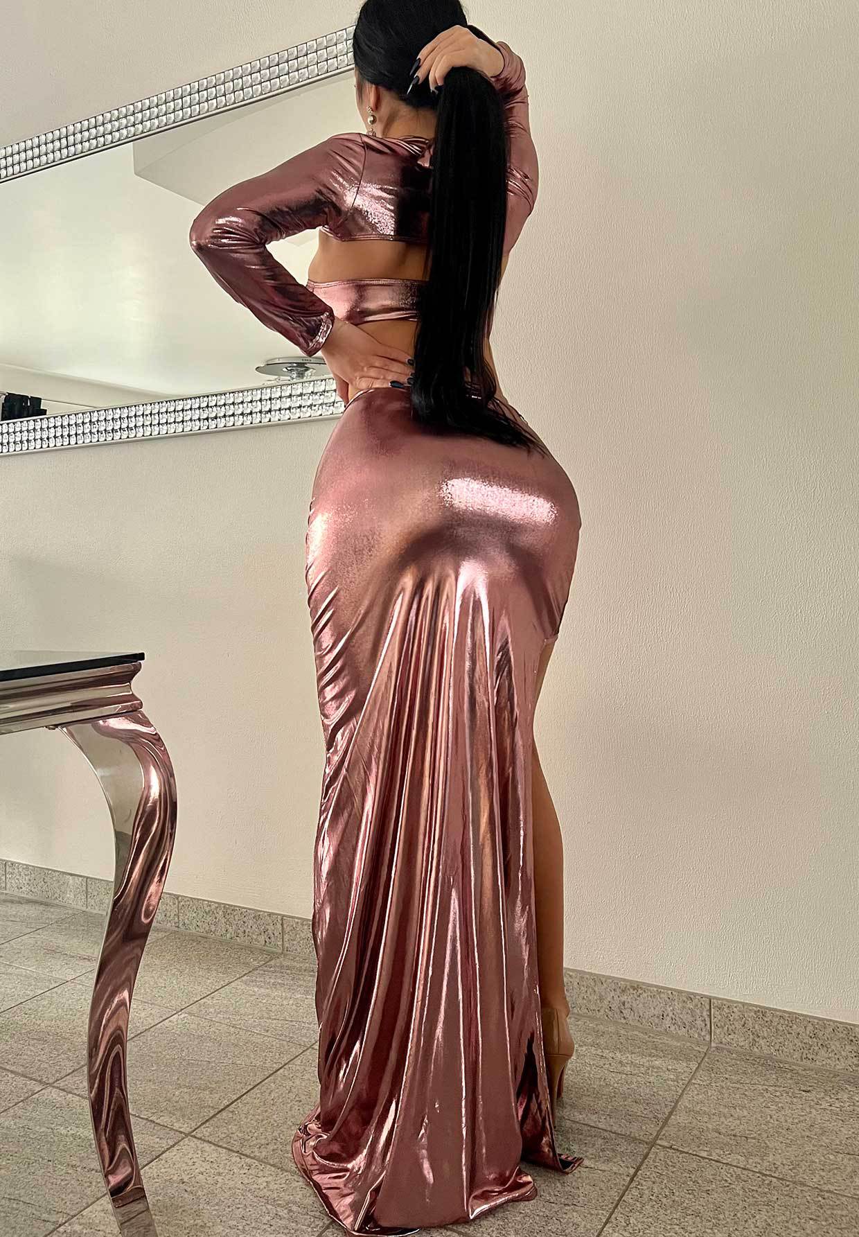 Women Solid Long Sleeve Sexy Top and Slit Long Skirt Two Piece Set 5