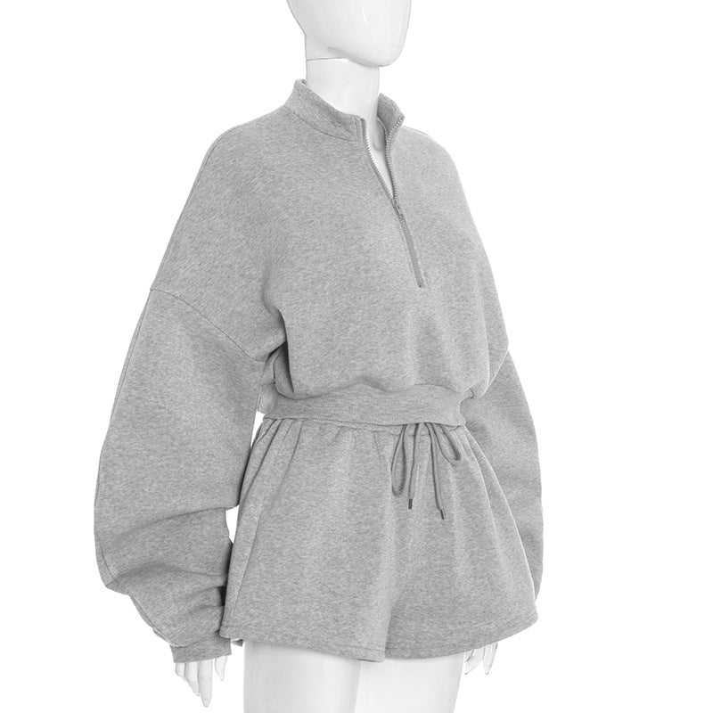 Women Fall/Winter Solid Casual Long-Sleeved Hoodies and Shorts Two-Piece Set 12