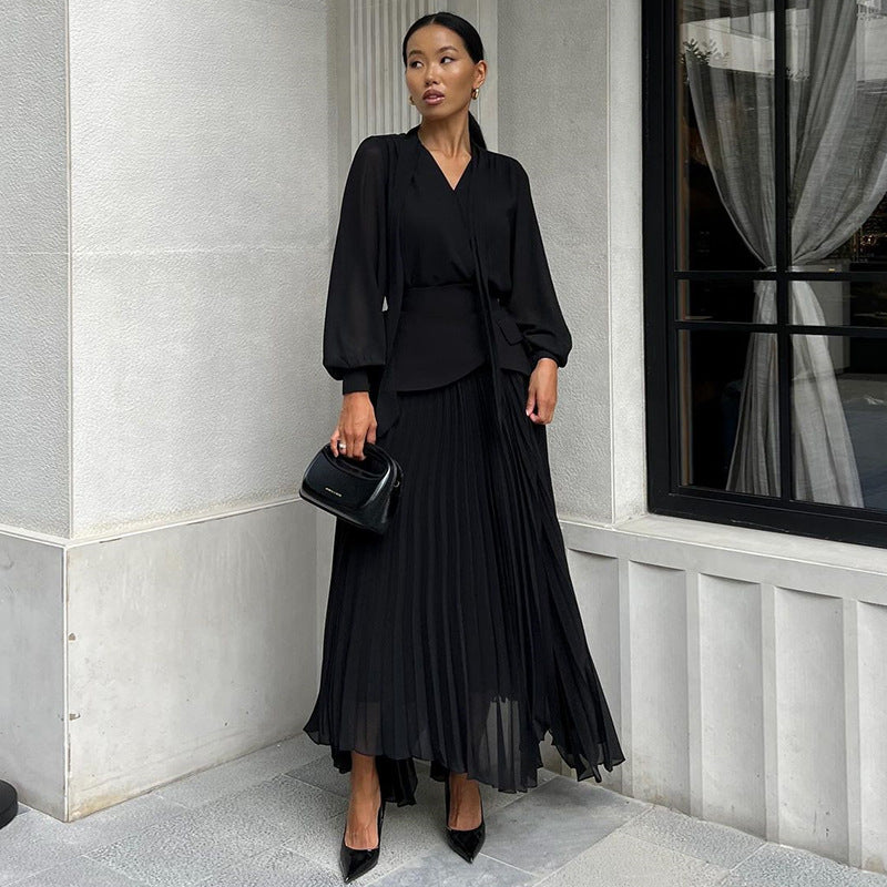 Women lace-up irregular pleated dress girdle two-piece set 6