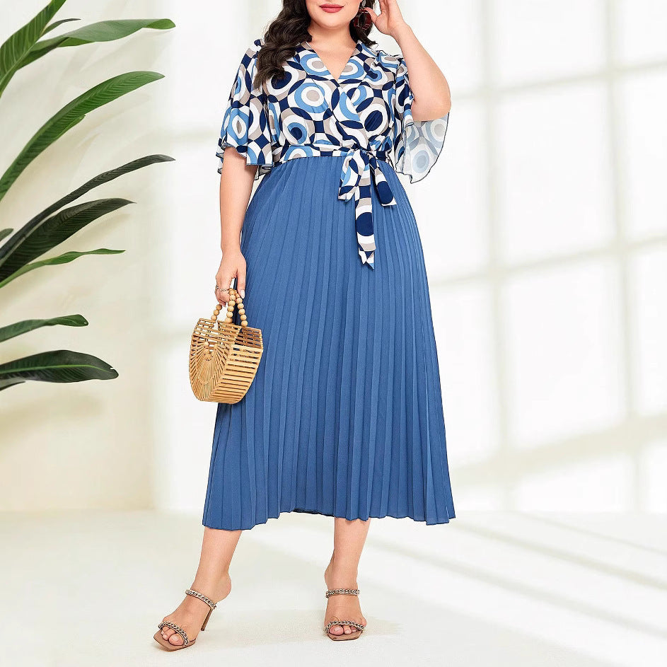 Summer Elegant Chic Patchwork Pleated Lace-Up Plus Size Women's Short Sleeve Dress 4