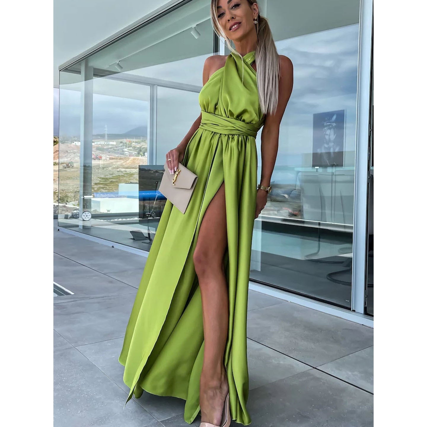 Spring Summer Sexy Solid Tie Long Dress Loose Casual Party Dress 8