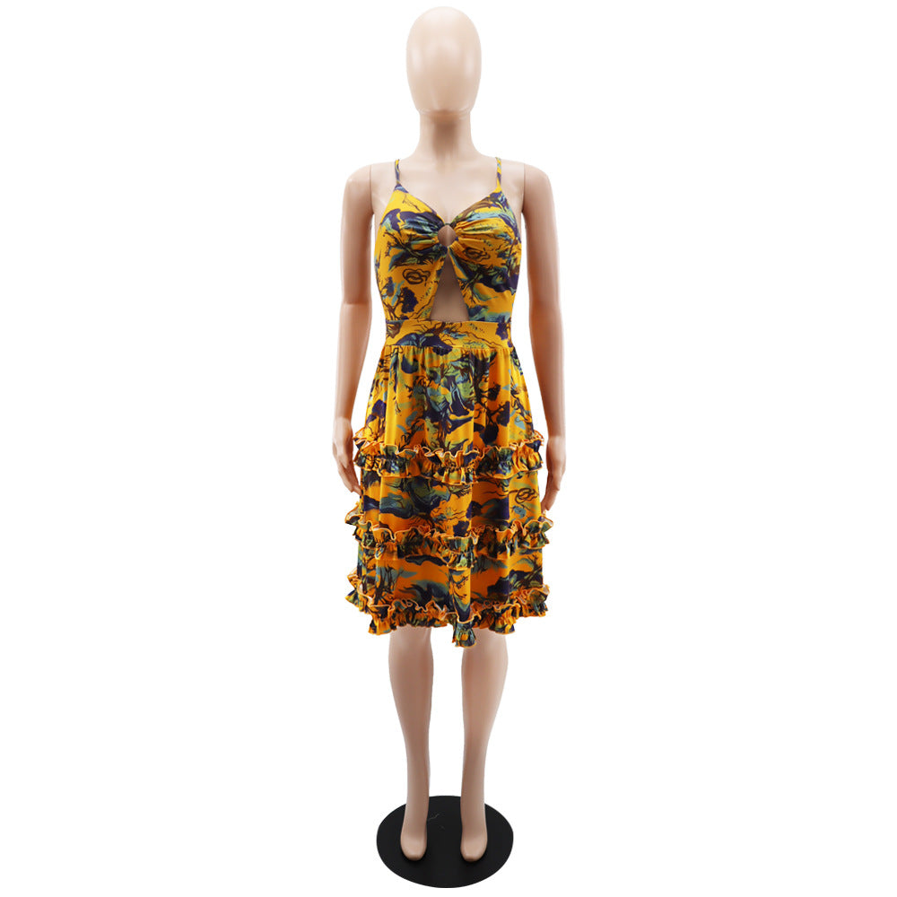 Women Deep V Sexy Camisole Ruffle Edge Print Backless Dress 12