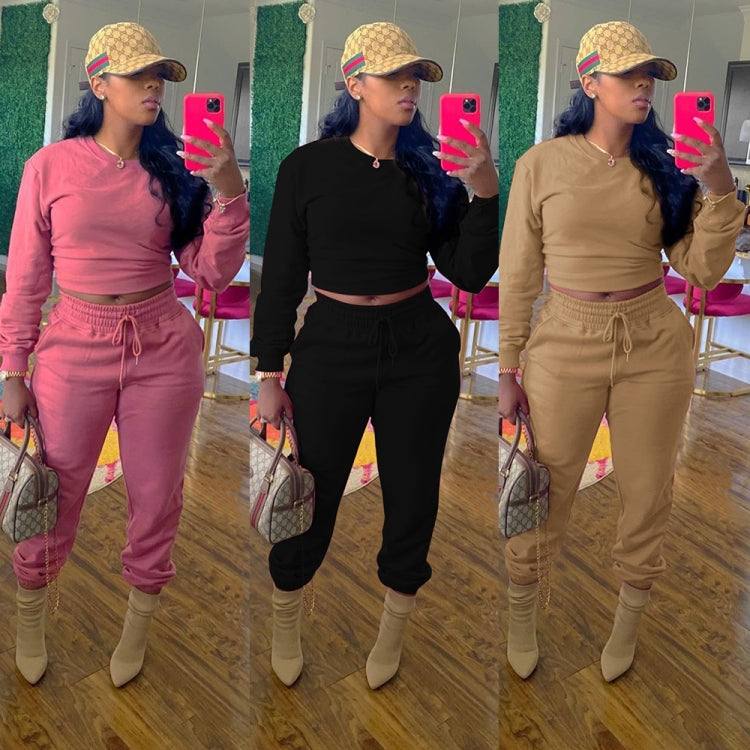 Autumn Casual Pink Crop Top and Sweatpants 2 Piece Tracksuit