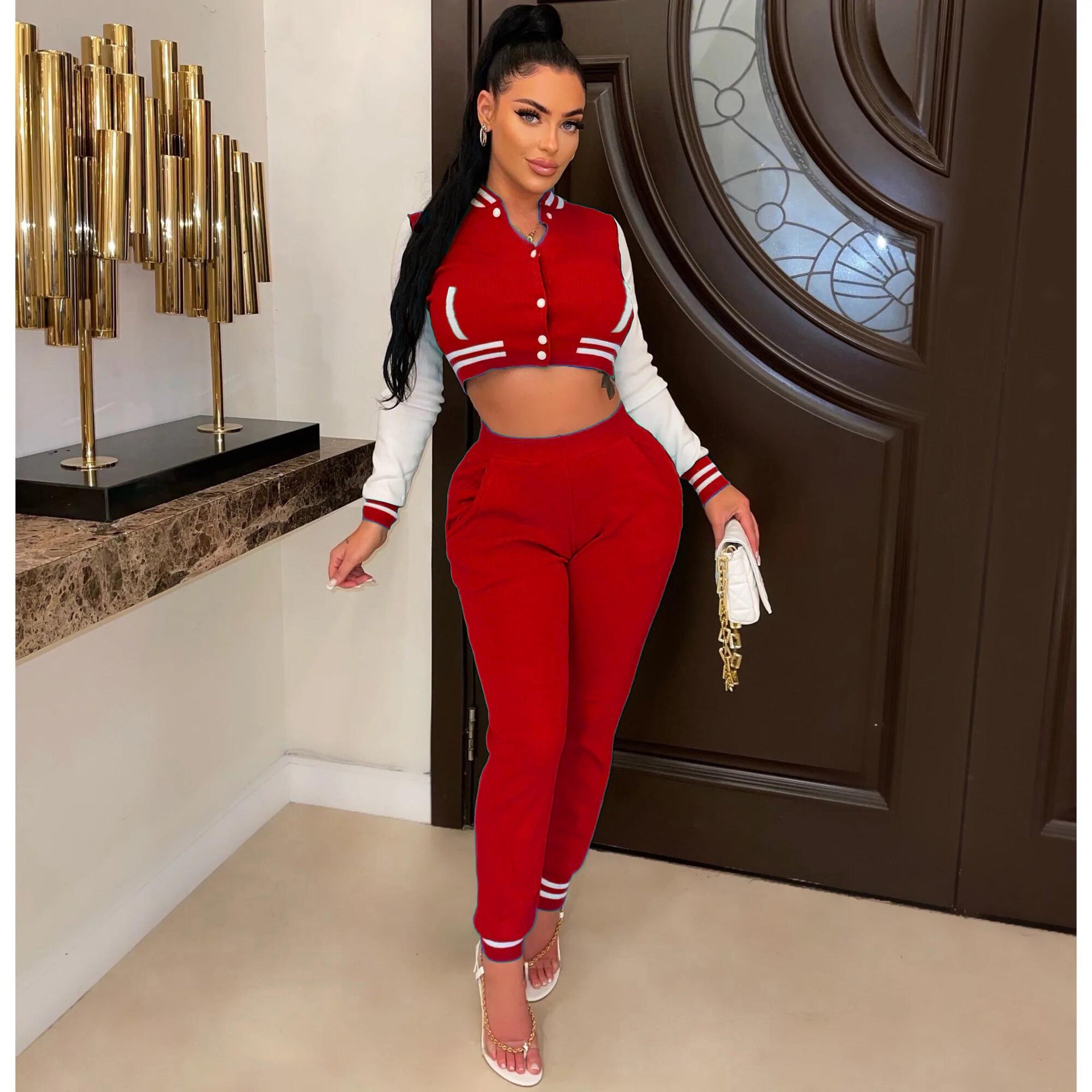 Women's Winter Fashion Ribbed Multicolor Baseball Uniform Set 14