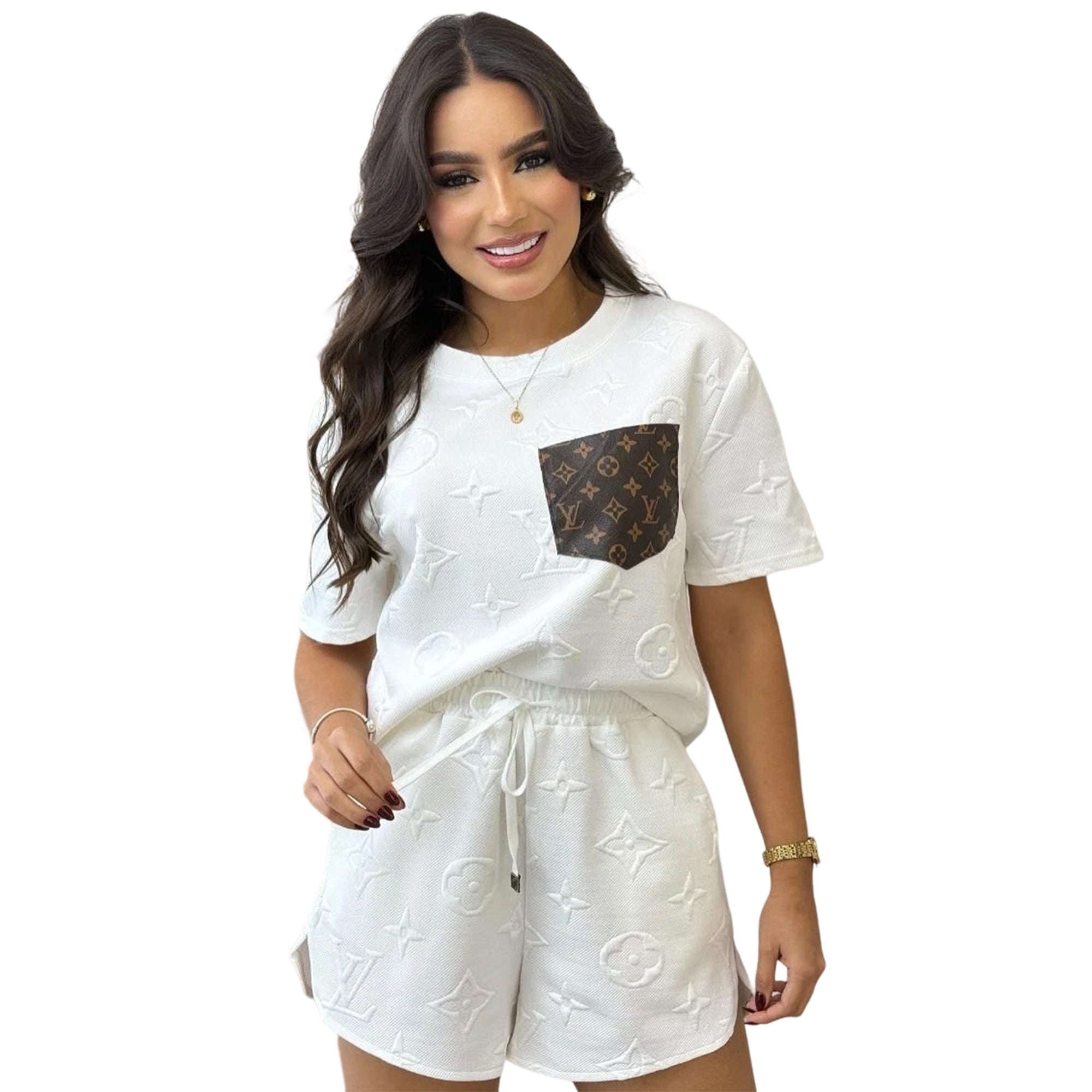 Women casual Pu-Leather pocket jacquard short-sleeved top and shorts sports two-piece set 12