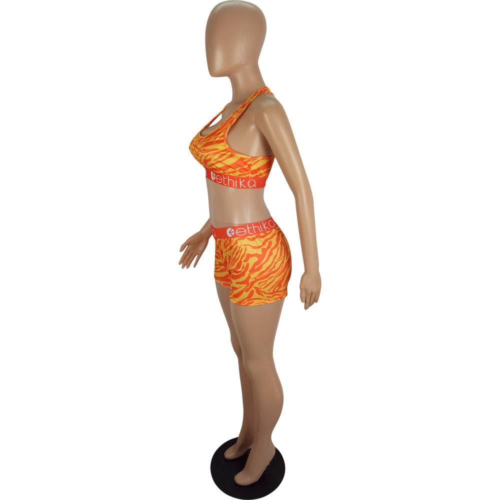 Women's Spring/Summer Slim Style Printed Sports Two-Piece Shorts Set 23