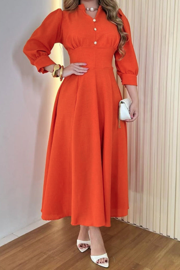 Solid Color Long-Sleeve V-Neck Button  Slim Waist A-Line Dress 3