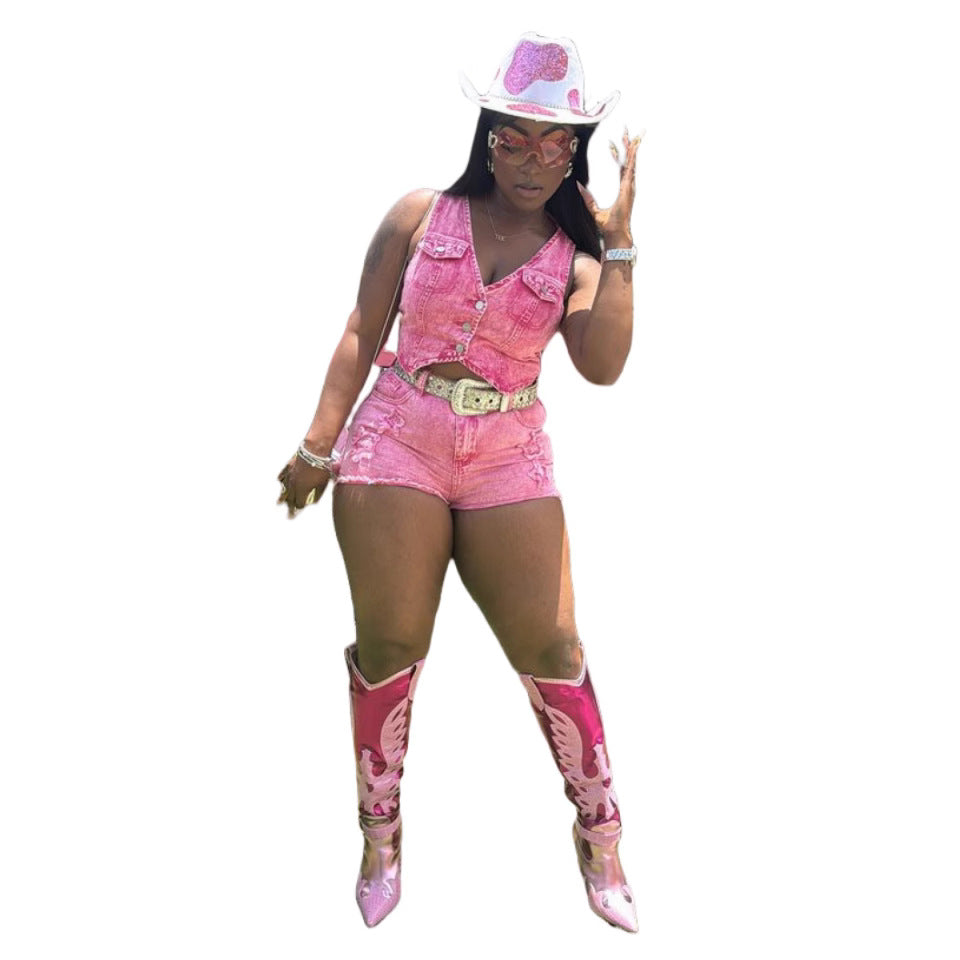 Stretch Denim Embroidered Vest Shorts Suit For Women 4