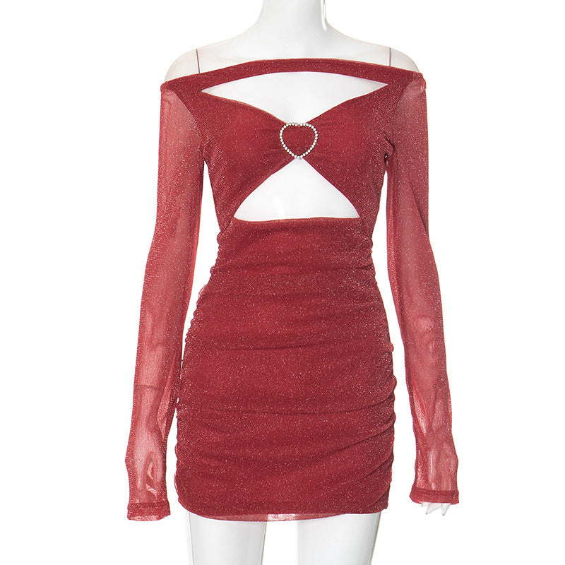 Women's Off Shoulder Mesh Patchwork Hollow Long Sleeve Sexy Bodycon Dress 5