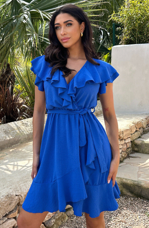 Women's Summer Ruffled V-Neck Solid Color Casual Dress 6