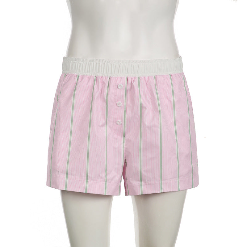 Women contrast color patchwork stripe casual pocket button shorts 6