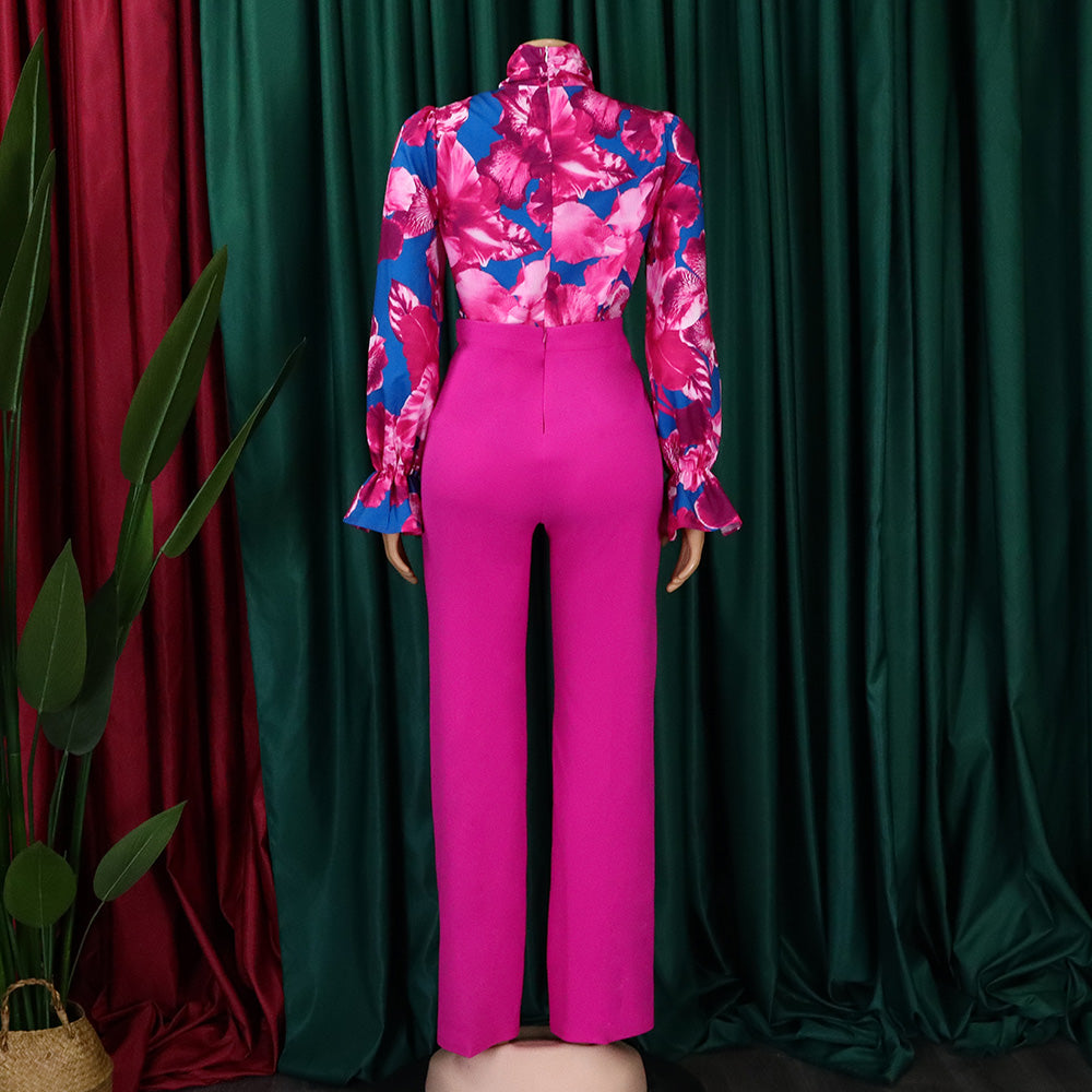 Plus Size Casual Women Printed Long Sleeve Shirt And Wide Leg Pants Two Piece 12