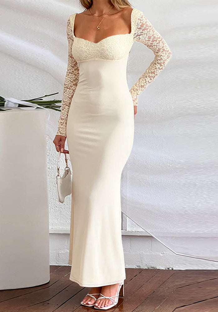 Sexy Lace Long-Sleeve Long Dress Chic Low Back Bodycon Dress
