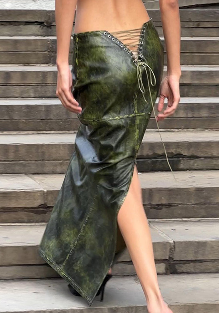 Fashionable And Sexy Back Lace-Up Hollow Slit Slim Fit Pu Leather Skirt