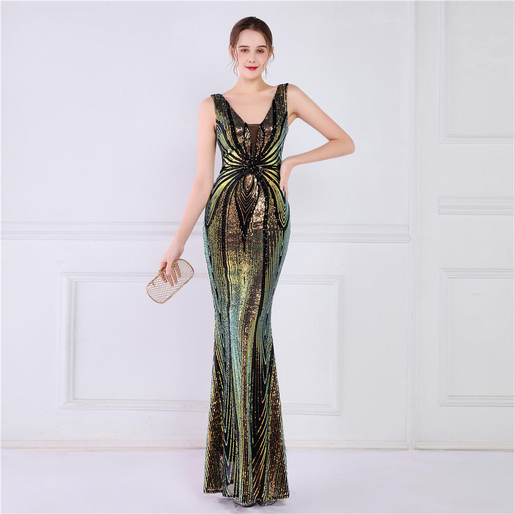 Women Summer Formal V-neck Sleeveless Patchwork Sequined Mermaid Evening Dress 4