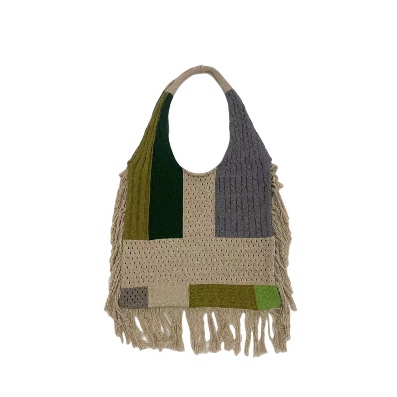 Fringed Women Patchwork Knitting Handbag Single Shoulder Bag Retro Knitting Bag