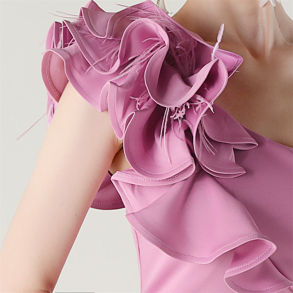 Women One-Shoulder Beaded Wool and Floral Satin Slit Sexy Evening Dress 81