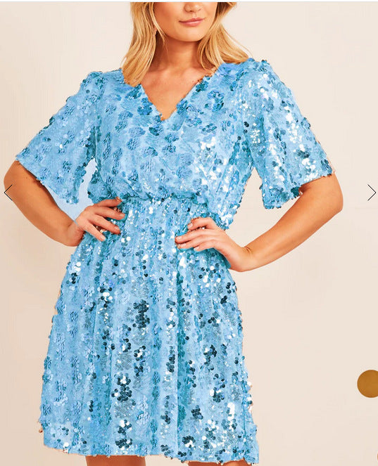 Women's Sequin V-Neck Short Sleeve Sexy Party Dress