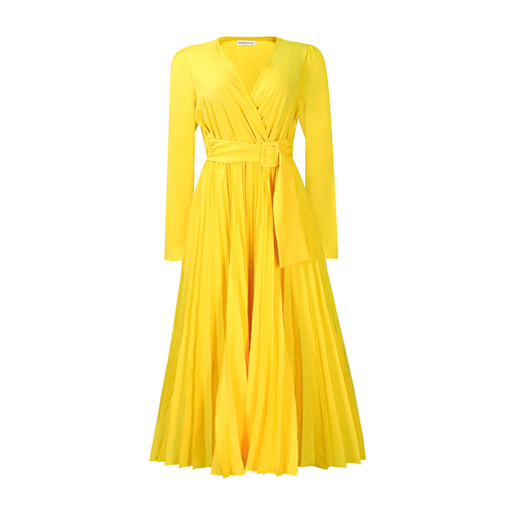 V-Neck Chic Elegant Slim Waist Belted Pleated High Waist Plus Size Dress 13