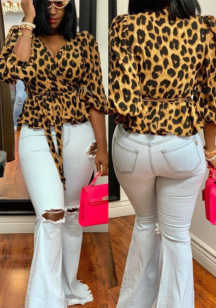 Women Casual Leopard V-neck Lace-Up Top