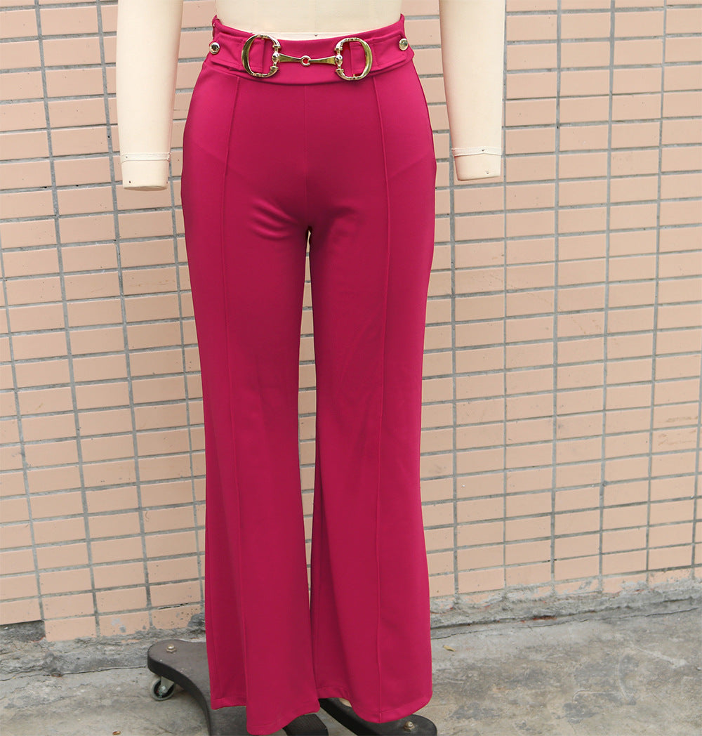 Spring and autumn Casual solid color high waist metal decoration straight trousers 5
