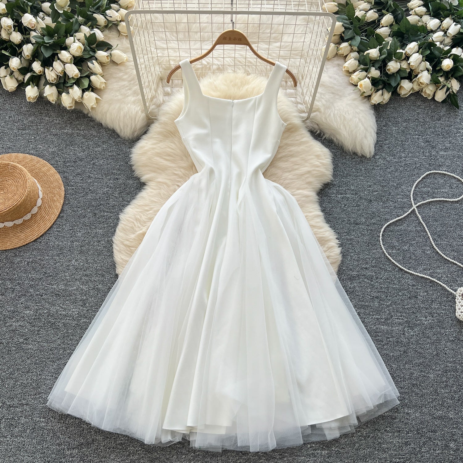 Women's Summer Square Neck Strap Mesh Patchwork Puffy Long Dress 8