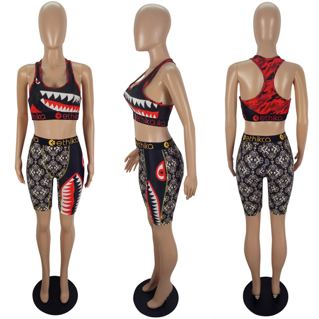 Cartoon Print Casual Camouflage Tank Biker Shorts Two-Piece Set 23