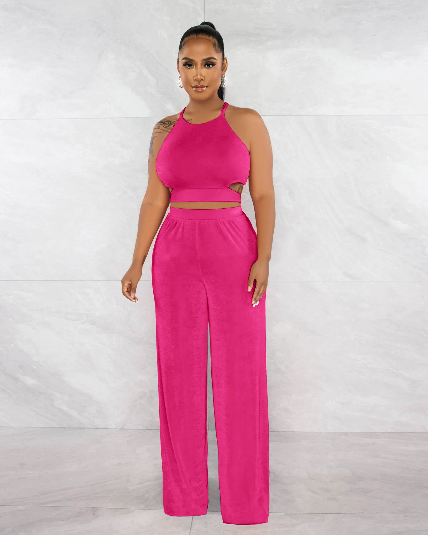 Women Halter Neck Crossover Crop Top andSolid Wide Leg Pants Two-Piece Set 5