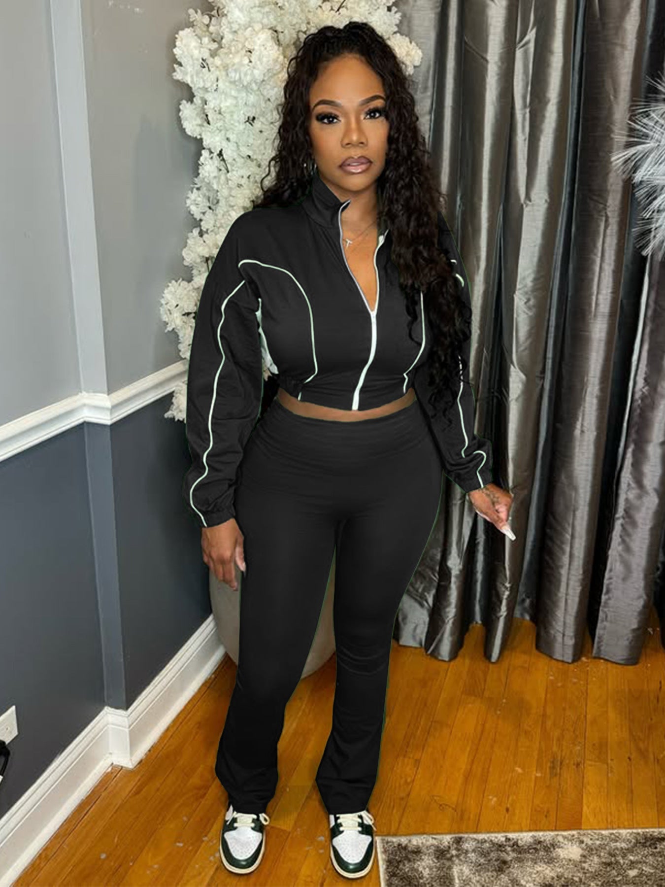 Contrast Zip Patchwork Sport Two Piece Pants Set