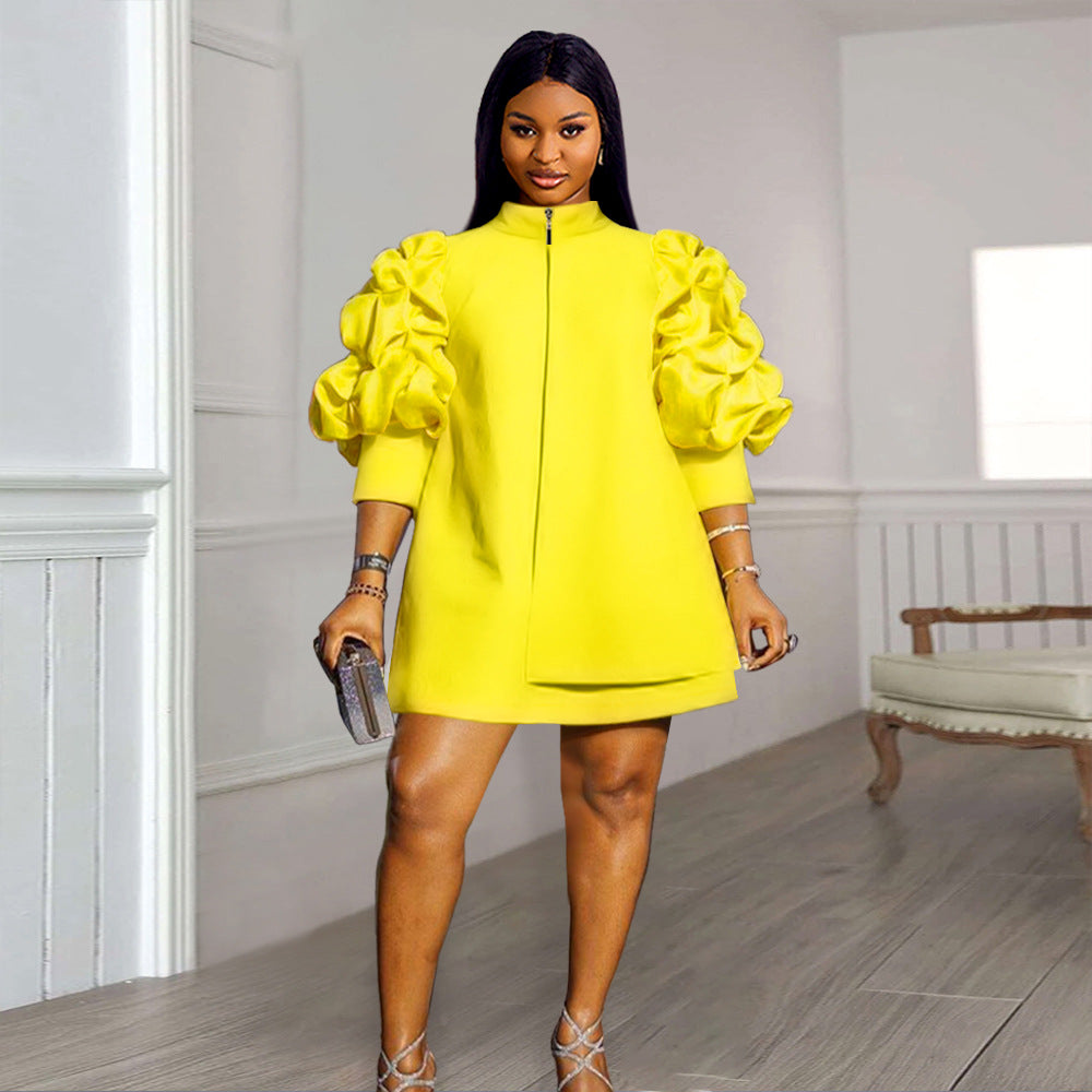 Plus Size Women's Career Stand Collar Pleated Sleeve A-Line Dresses 3