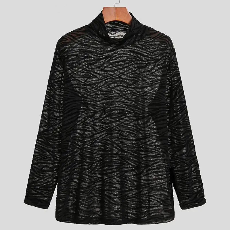 Autumn Zebra Pattern Stretch Shirt Men's See-Through Tight Fitting High Collar Long Sleeve T-Shirt 3
