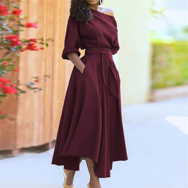 Chic Elegant Solid Color Slash Shoulder Belt Irregular Dress 5