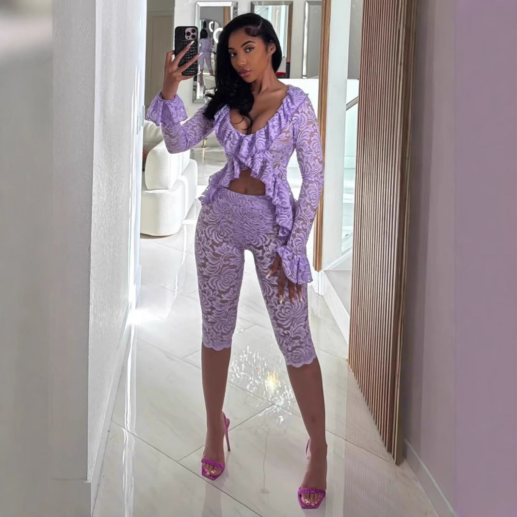 Spring Women's Sexy Solid Color Hollow Lace Two-Piece Shorts Set 7