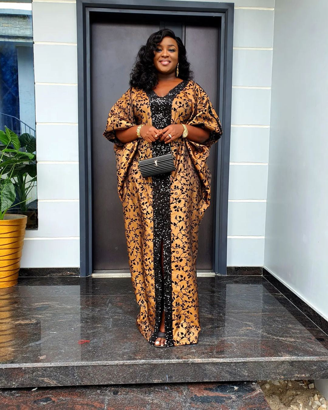 Muslim Patchwork Printed Robe African Loose Printed Sequined V-Neck Dress 5