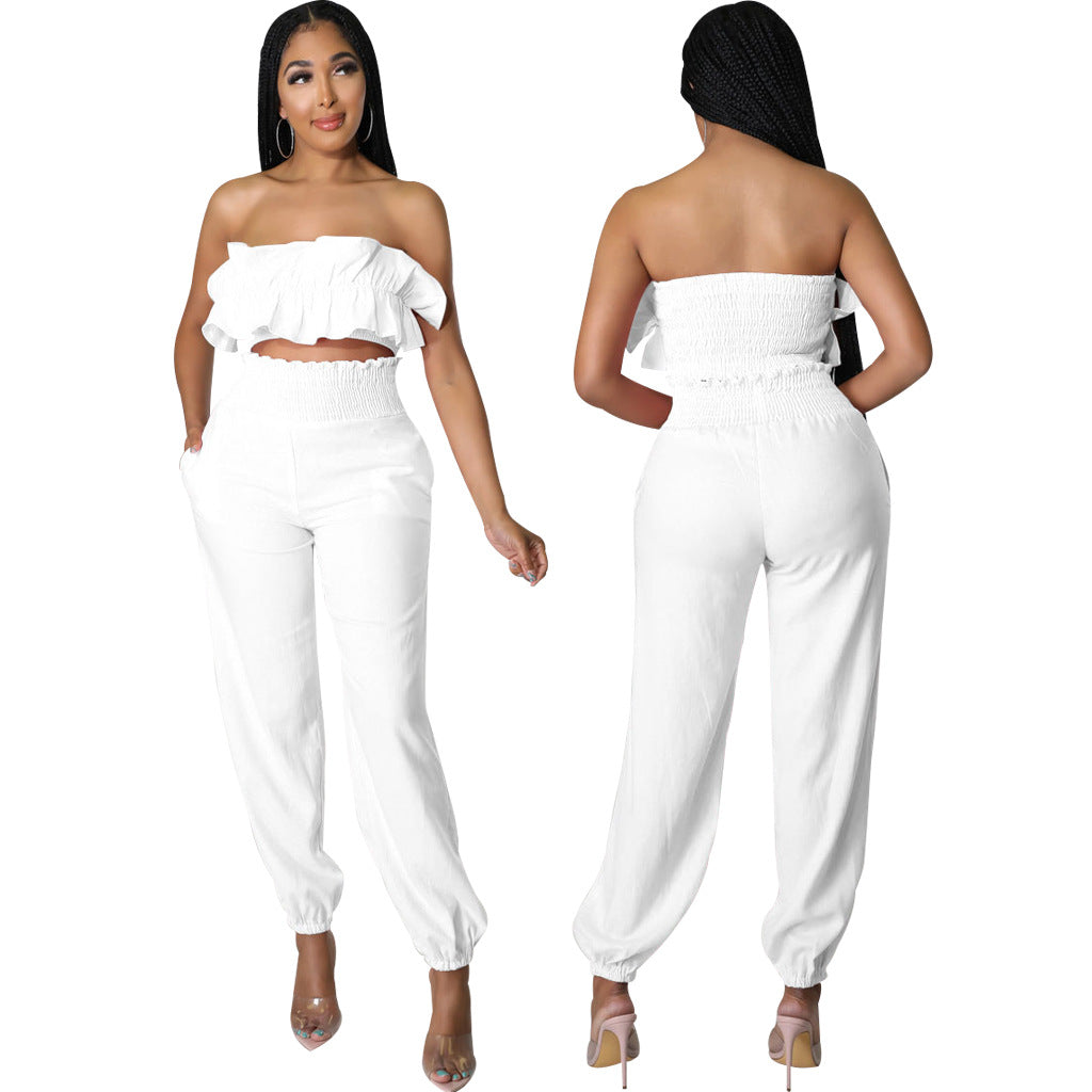Sexy Fashion Elastic Solid Color Strapless Two-Piece Pants Set 12